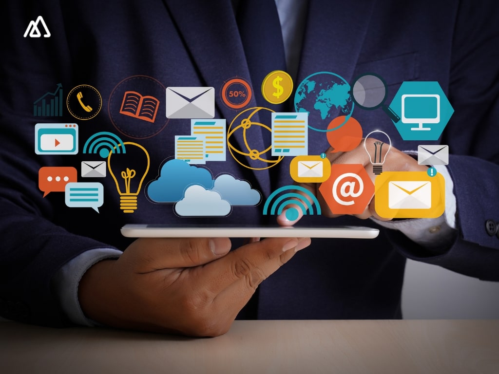 man holding a mobile and icons on top