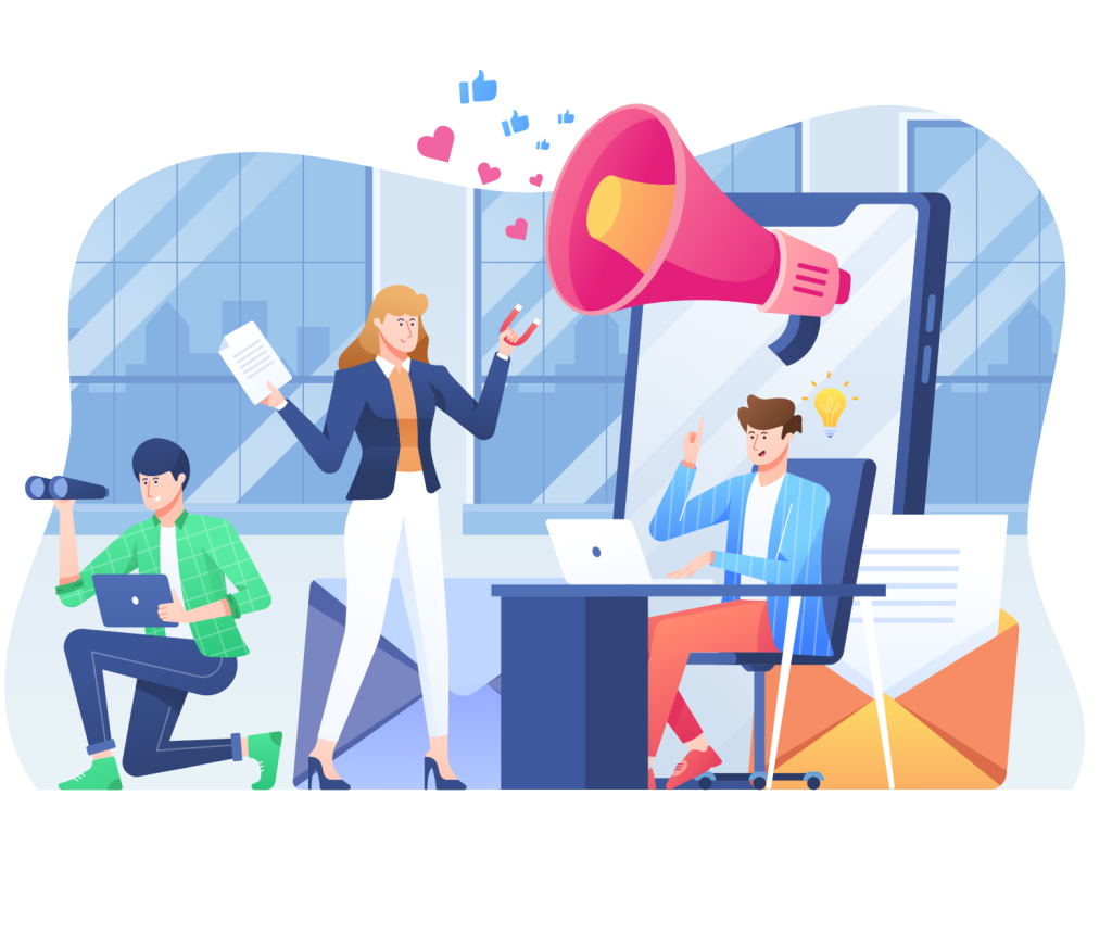 3 people working and a loudspeaker