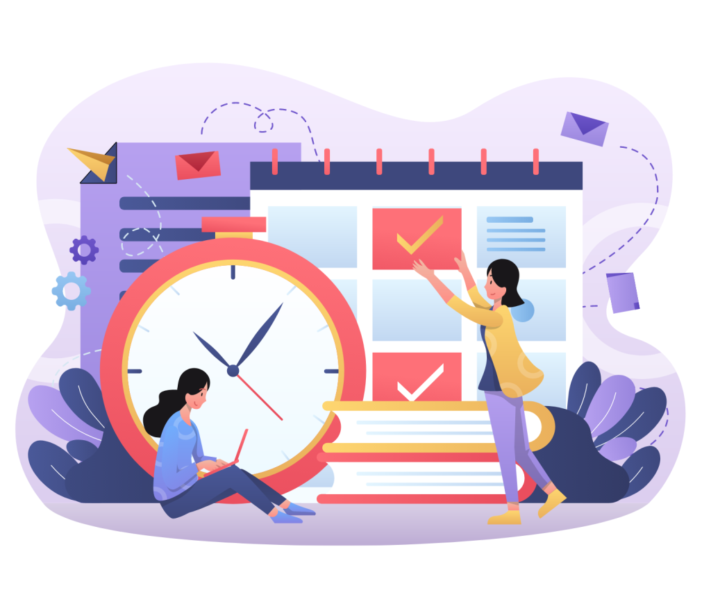 2 women in front of a calendar and clock