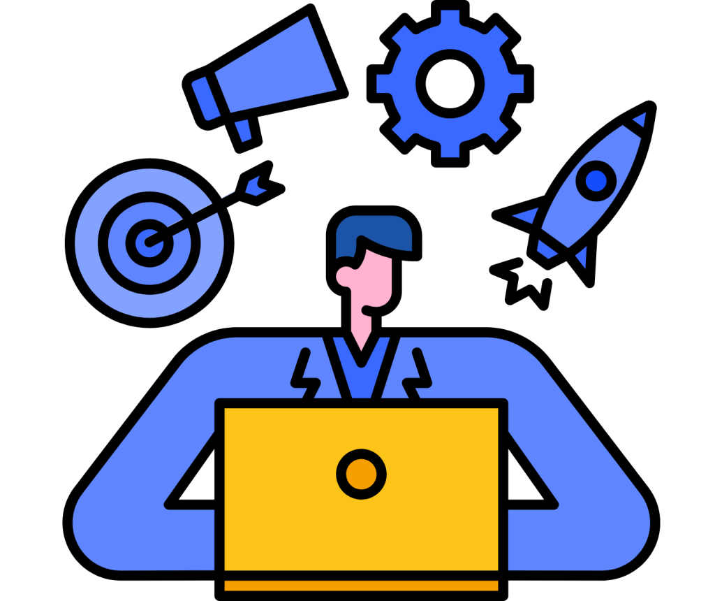 man with a laptop and icons