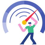 Man standing below increased meter to show how brand loyalty increases in sales funnel stage with content