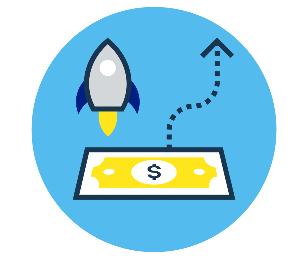 A blue circle with money and rocket above depicting how Cloud CRM is a cost effective solution.