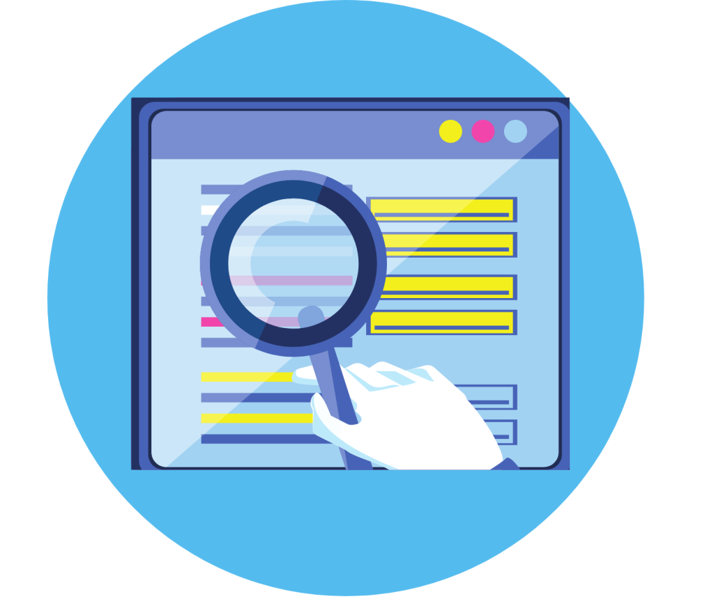 Window with a magnifying  glass on a blue circle showing accessibility on a cloud CRM.