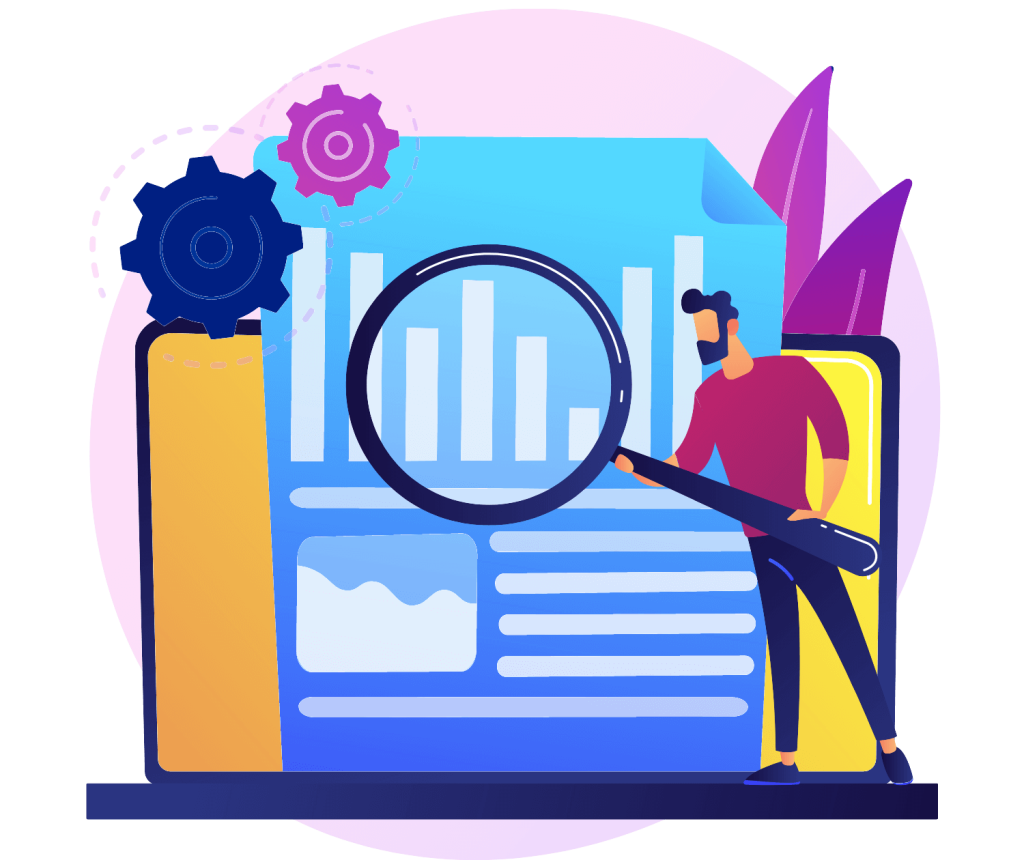 man standing with a magnifying glass in front of stats and data.