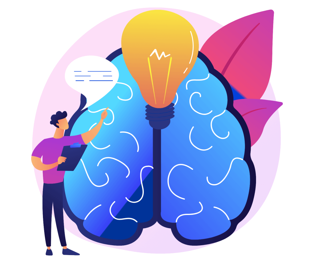 Man looking at a light bulb on a brain.