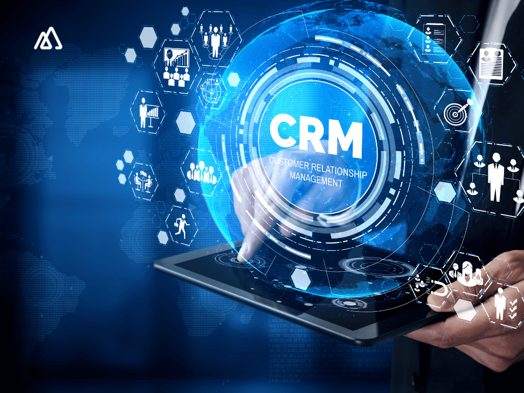 person point to a tablet. showing CRM icon